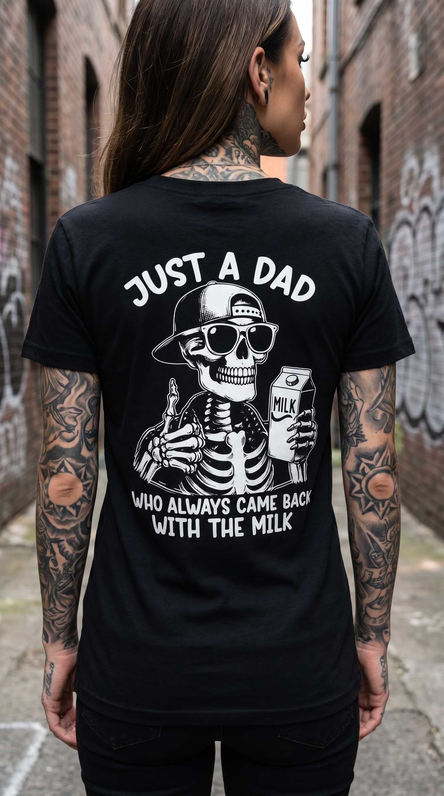 Just a Dad Who Came Back With Milk | Skeleton Rock Hand Tee