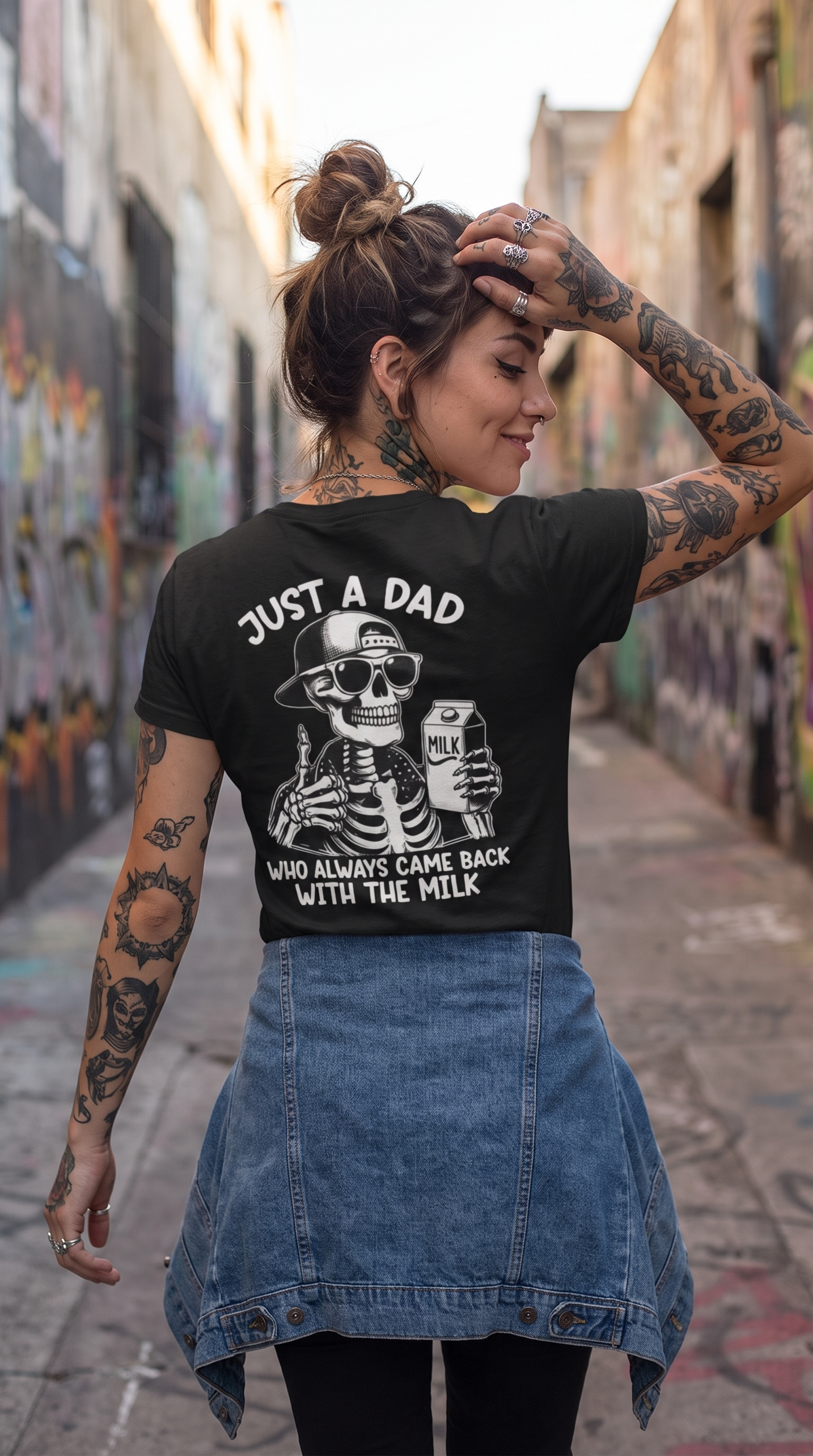 Just a Dad Who Came Back With Milk | Skeleton Rock Hand Tee